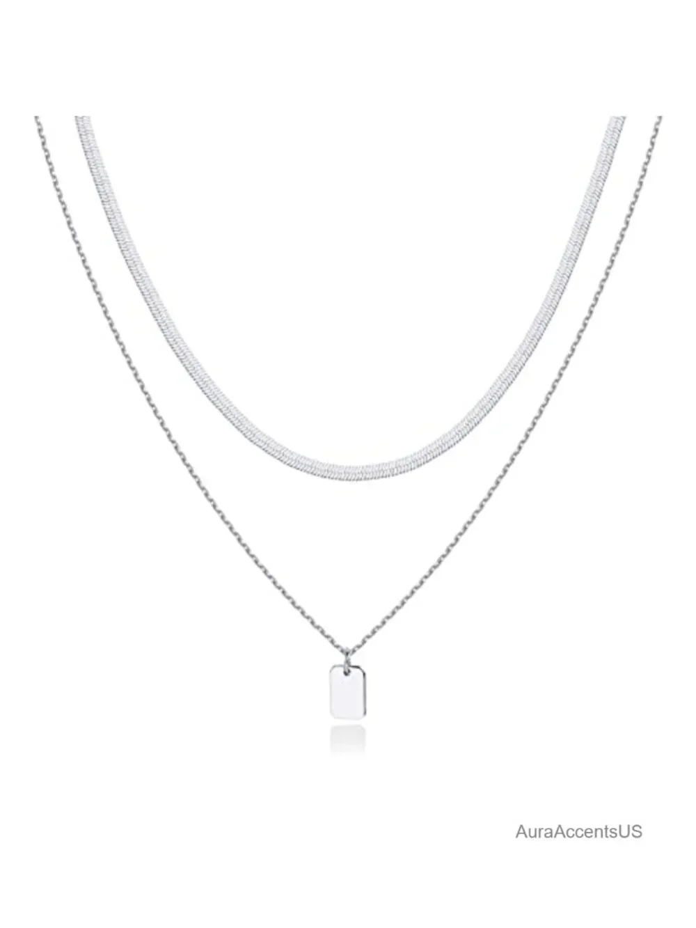 14K Gold Plated Layered Dog Tag & Herringbone Necklace Hypoallergenic